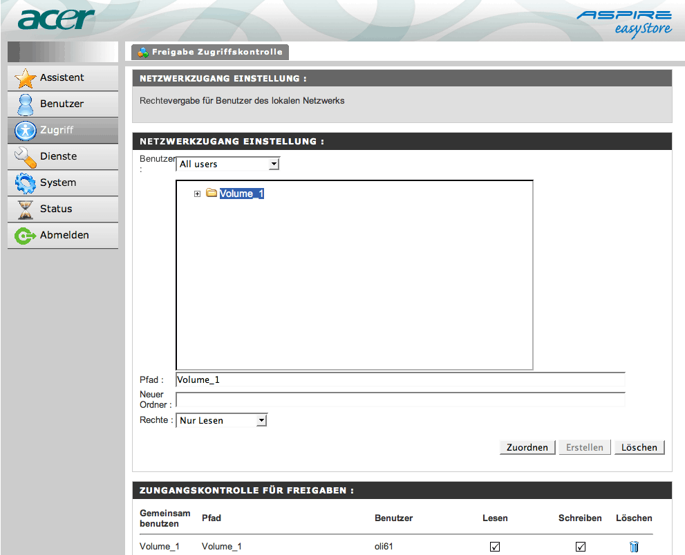 Acer Aspire easyStore: Web-Interface